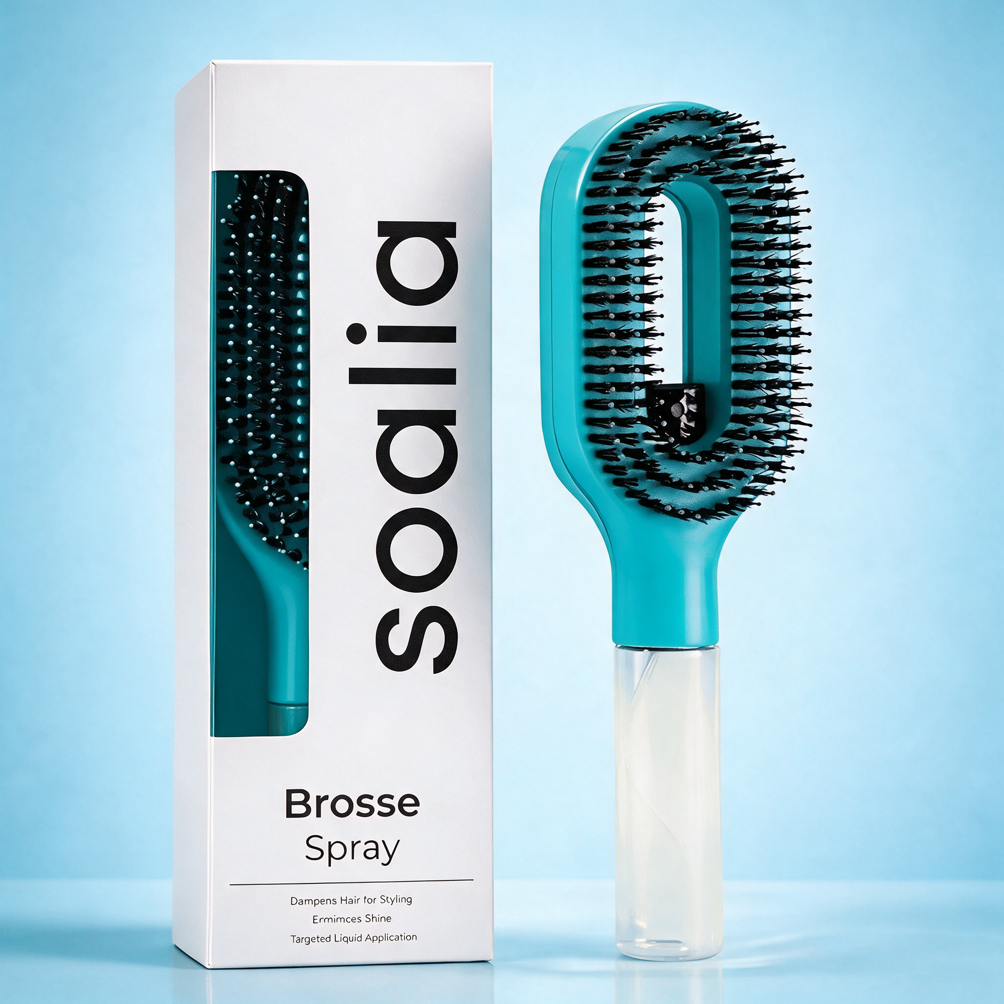 Brosse démêlante à spray Soalia, coloris bleu, avec son packaging