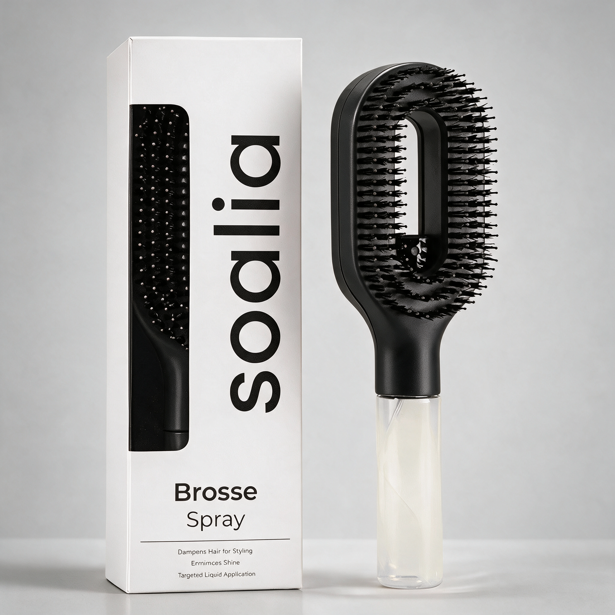 Brosse démêlante à spray Soalia, coloris noir, avec son packaging