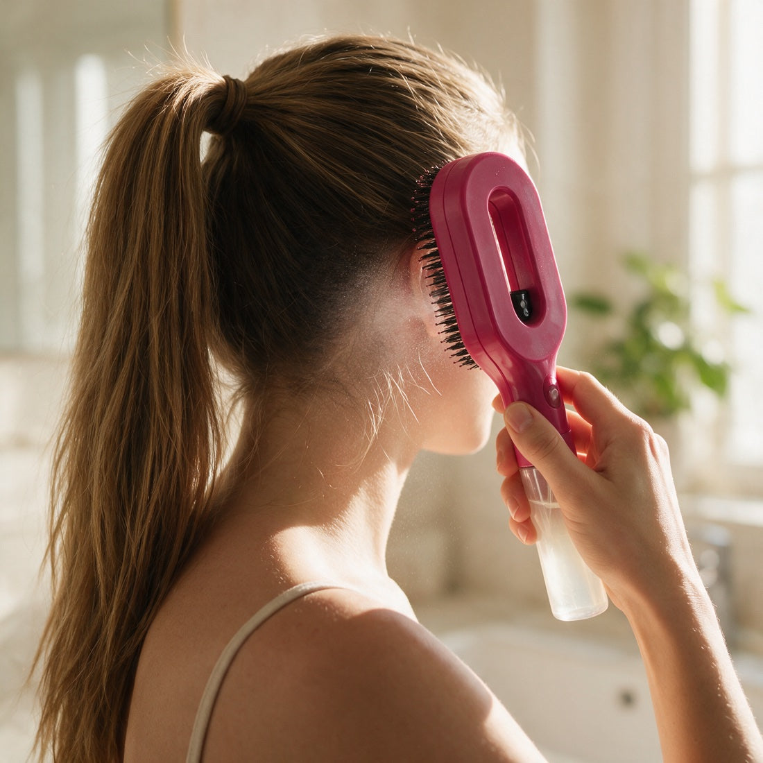 Une femme vaporise et discipline les cheveux fins de sa nuque sous sa queue de cheval avec la brosse Soalia