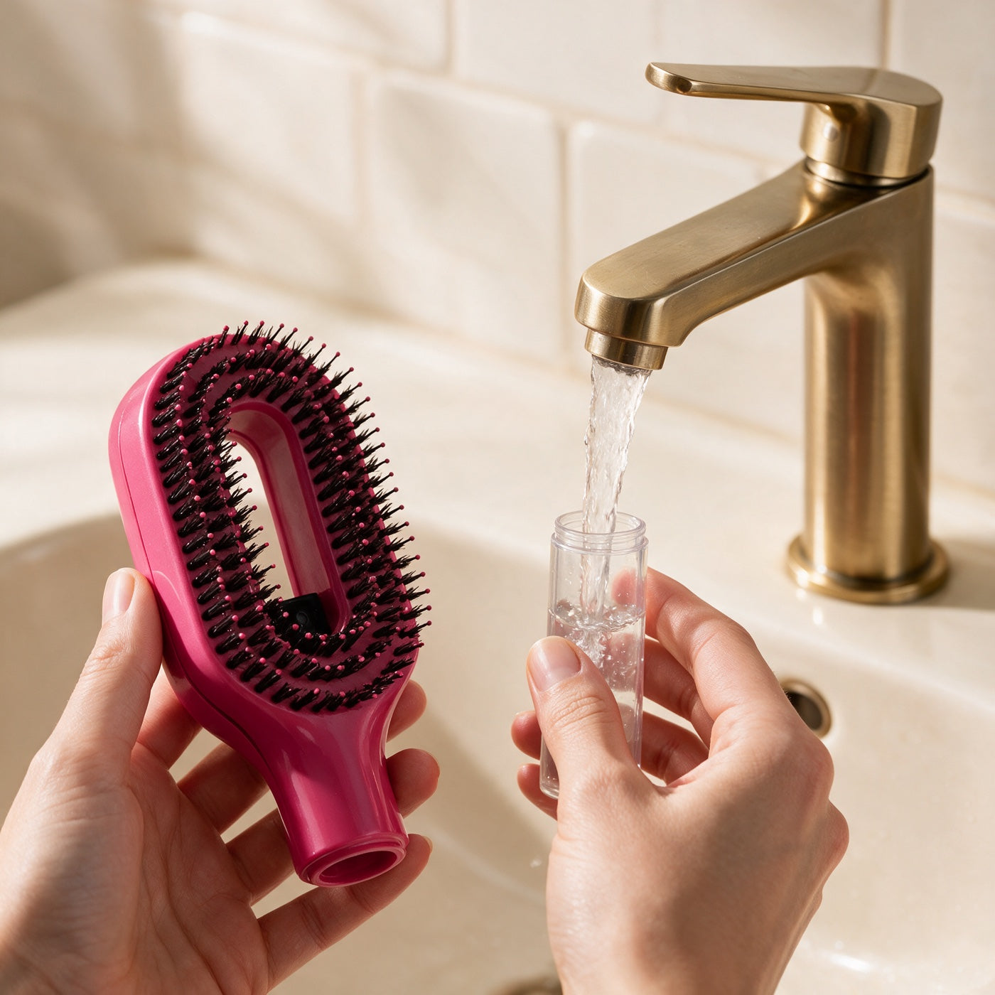 Remplissage du réservoir transparent de la brosse Soalia sous le robinet